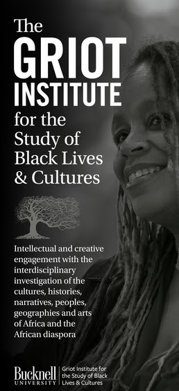 "The Griot Institute for the Study of Black Lives and Culture: Intellectual and creative engagement with the interdisciplinary investigation of the cultures, histories, narratives, peoples, geographies, and arts of Africa and the African diaspora." over a picture of Carmen Gillespie, the founding director of The Griot Institute.
