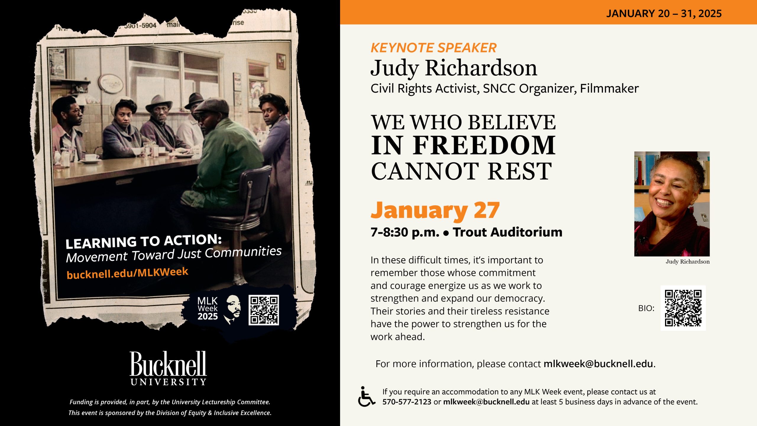 poster with image of protesters sitting at a lunch counter and information about events on January 20, January 24 and January 31.