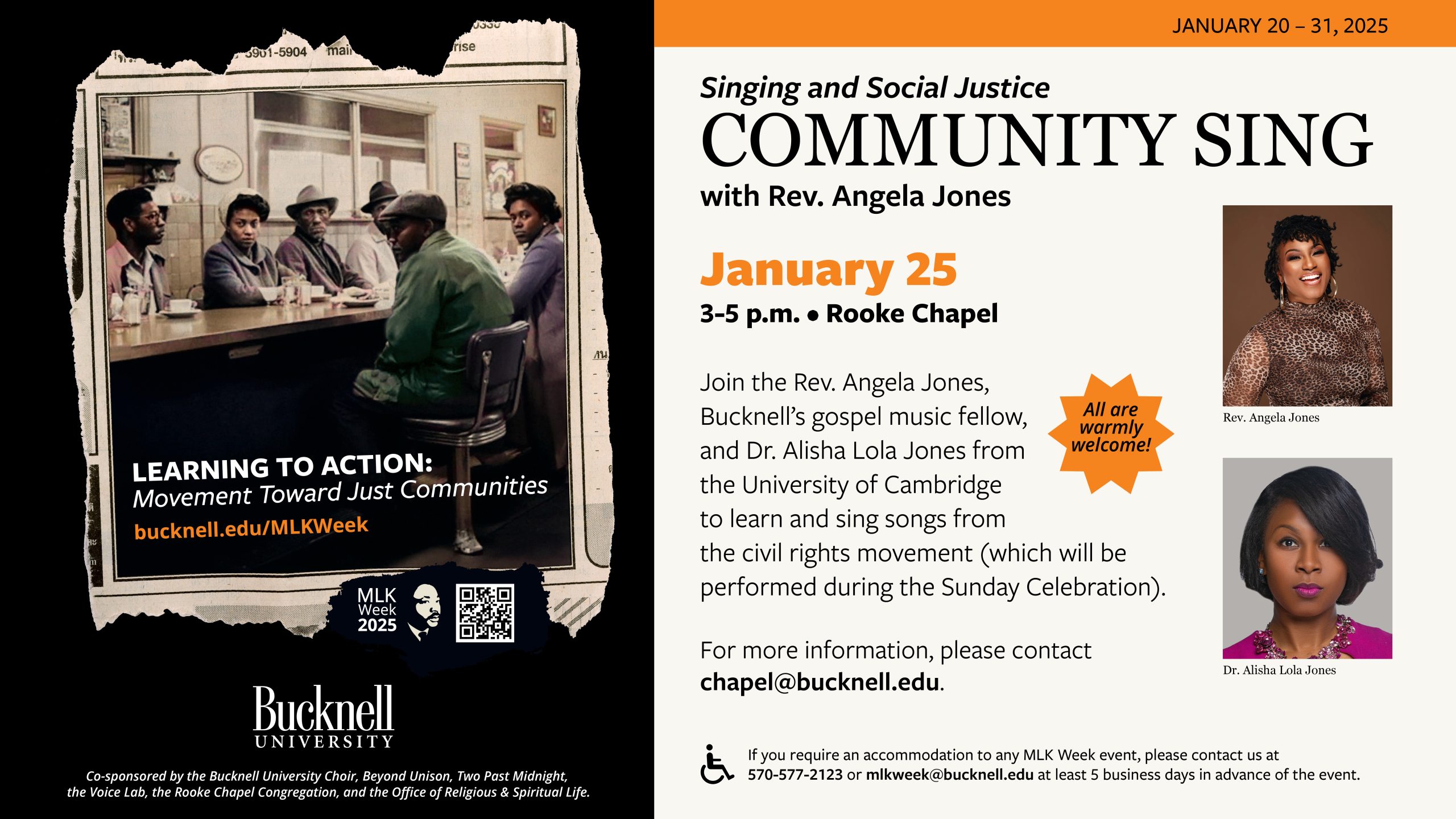 poster with image of protesters sitting at a lunch counter and information about events on January 20, January 24 and January 31.